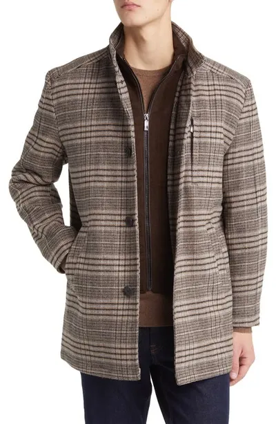 Johnston & Murphy Upton Bib Insert Wool Blend Car Coat In Brown Plaid