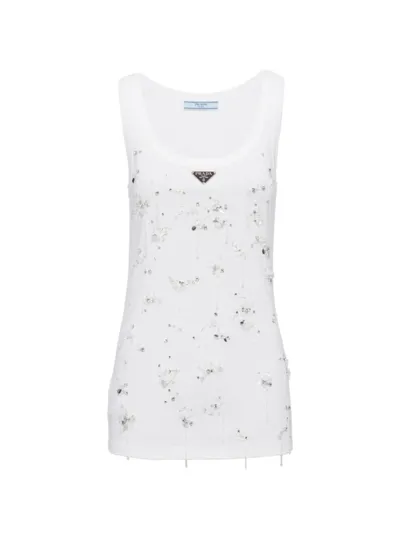 Prada Ribbed Knit Jersey Top With Embroidery In White