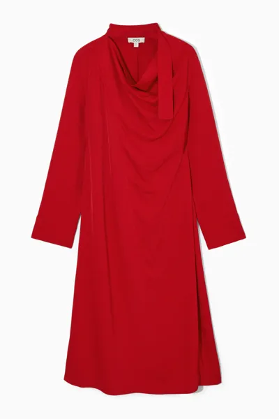 Cos Scarf-detail Draped Midi Dress In Red