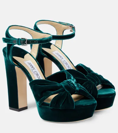 Jimmy Choo Heloise 120 Velvet Peep-toe Platform Pumps In Green