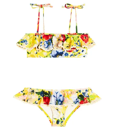 Zimmermann Kids' Girl's Alight Frill-trim Bikini Set In Yellow Floral