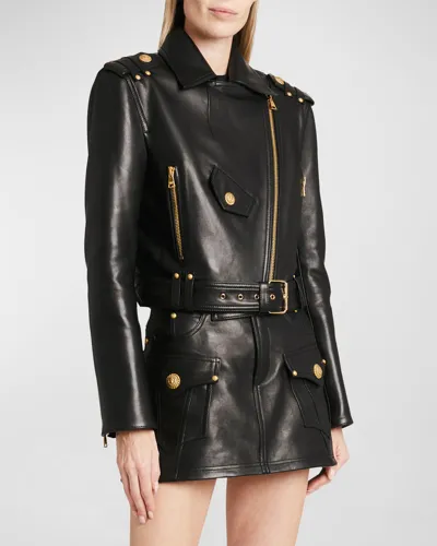 Balmain Cropped Leather Moto Jacket With Belt In Black