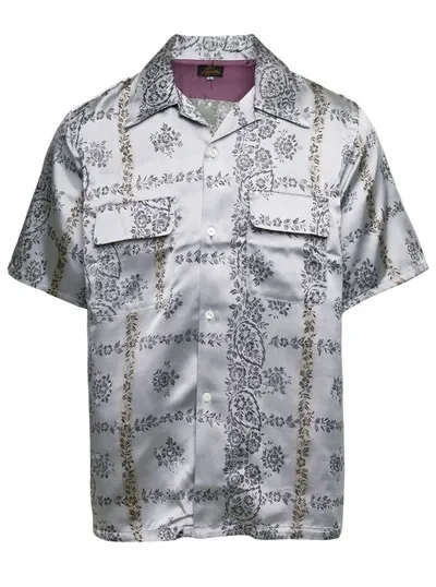 Needles Silver Bowling Shirt With All-over Floreal Print In Cupro Man In Grey