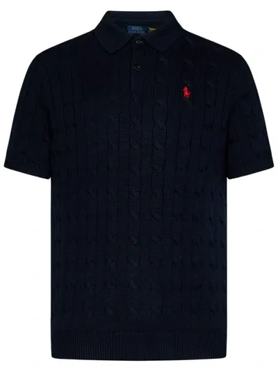 Polo Ralph Lauren Short-sleeved Blue Cable-knit Cotton Polo Shirt In Black