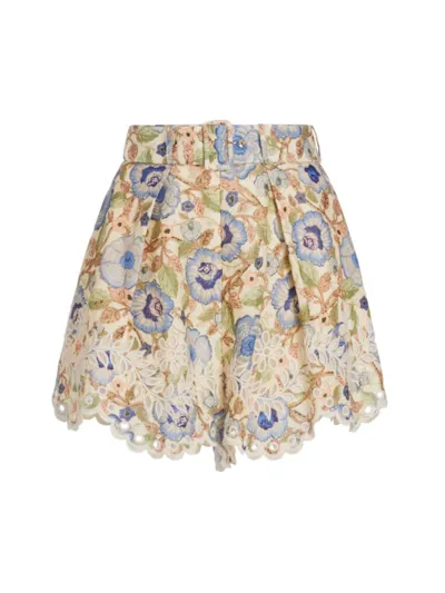 Zimmermann Junie Embroidered Floral-print Shorts In Ivory Blue Floral