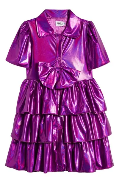 Lola & The Boys Lola + The Boys Kids' Bow Iridescent Tiered Shirtdress In Pink