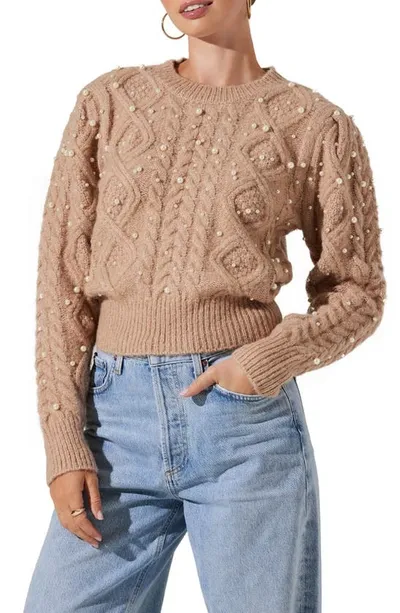 Astr Imitation Pearl Embellished Cable Stitch Sweater In Camel