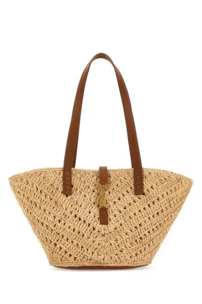 Saint Laurent Panier Leather-trimmed Raffia Tote In Beige