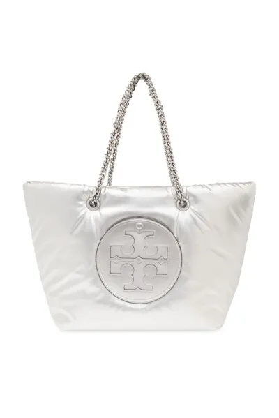 Tory Burch Ella Puffy Chained Shopper Bag In Silver