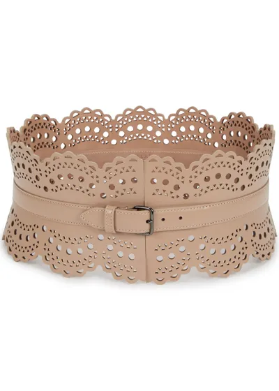 Alaïa Bustier Laser-cut Leather Belt In Sand