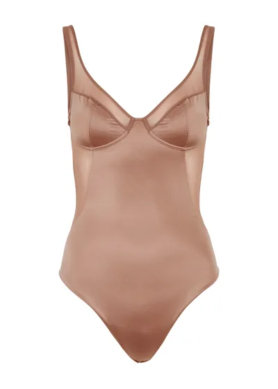 Spanx Shaping Satin Thong Bodysuit In Beige