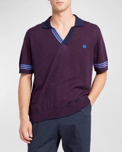 Etro Men's Oversized Striped Knit Polo Shirt In Blue