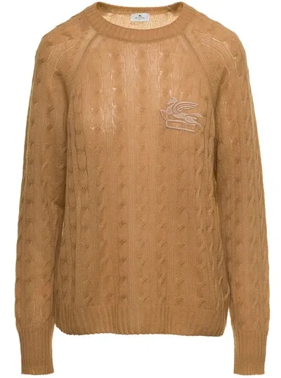 Etro Beige Braided Pullover With Embroidered Logo On The Chest In Cashmere Woman In Camel