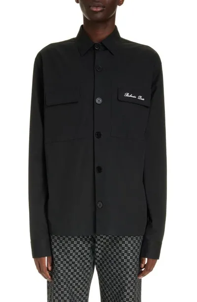 Balmain Men's Signature Poplin Overshirt In Black