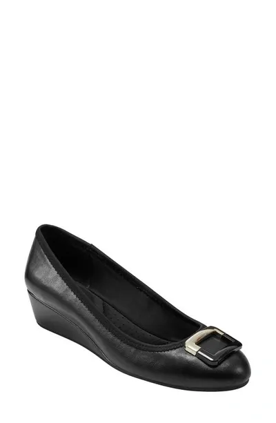 Bandolino Tad Buckle Wedge Flat In Navy Blue Patent