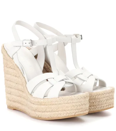 Saint Laurent Tribute Leather Wedge Espadrille Sandals In Porcellana