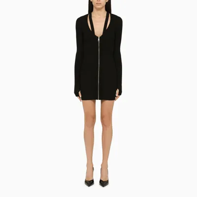 Andreädamo Black Ribbed Knit Zip Up Mini Dress