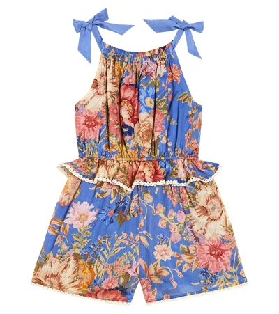 Zimmermann Kids' Floral-print Cotton Jumpsuit In Blue