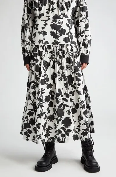 Max Mara Udente Floral-print Side-stripe Tiered Maxi Skirt In White Black