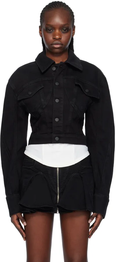 Mugler Cropped Denim Jacket In Black