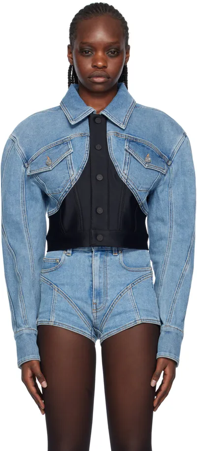 Mugler Blue & Black Cropped Denim Jacket In 3074 Medium Blue / B