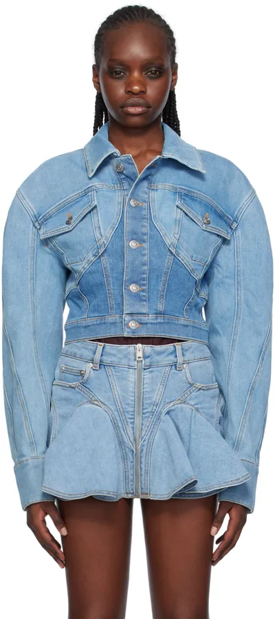 Mugler Blue Cropped Denim Jacket In B6403 Med Blue/blue