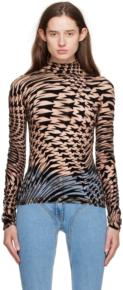 Mugler Star Print Long Sleeve Top In Black