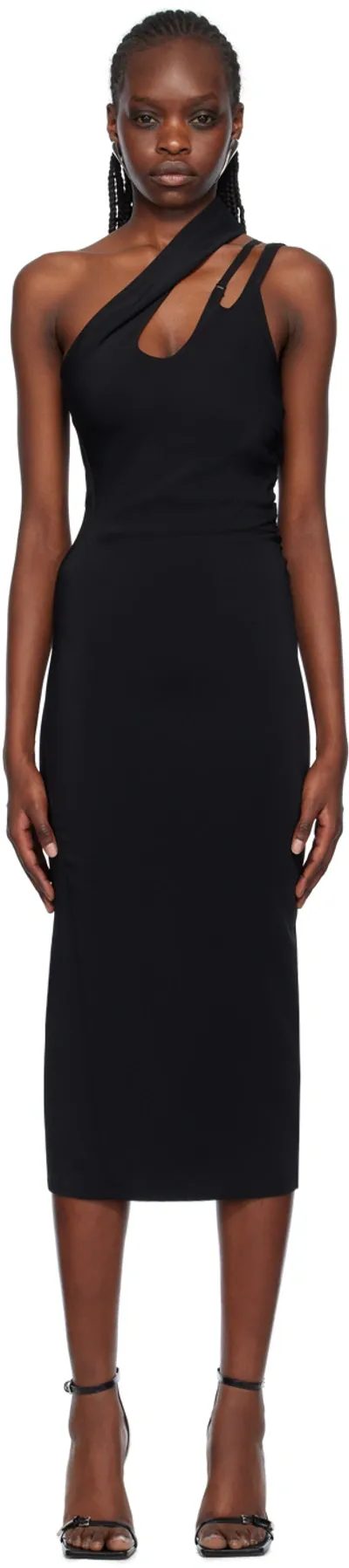 Mugler Asymmetric Midi Dress In Black