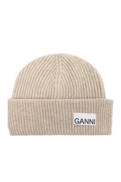 Ganni Beanie With Logo In Beige