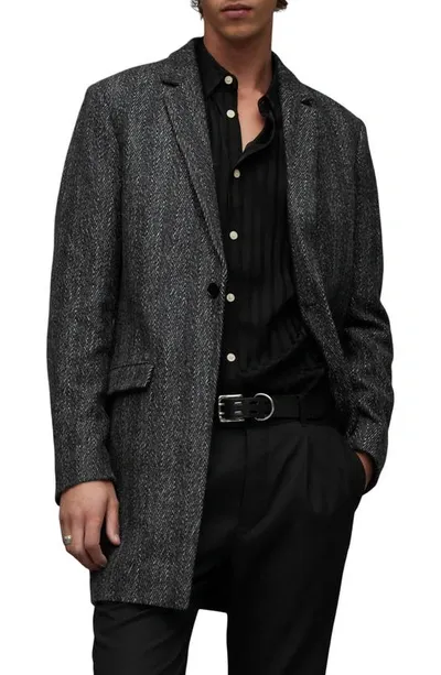 Allsaints Manor Single Breasted Herringbone Coat In Black