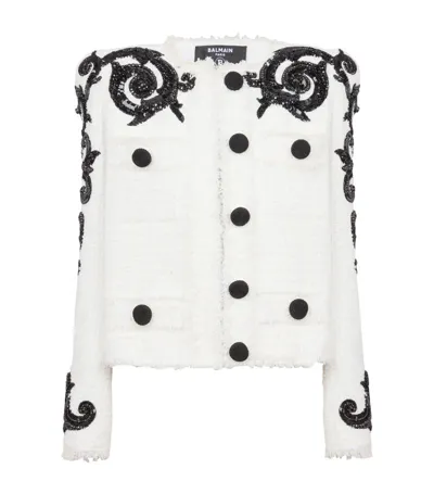 Balmain Sequin-embellished Tweed Jacket In White