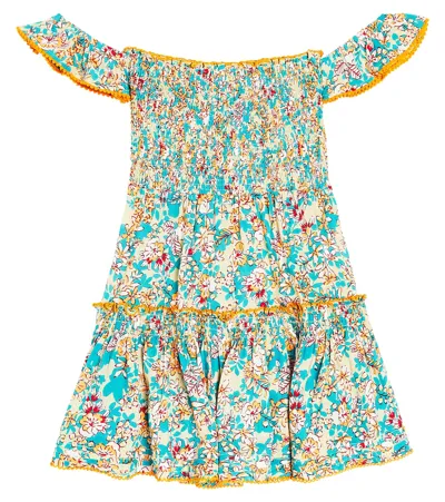 Poupette St Barth Kids' Aurora Floral Off-shoulder Dress In Green