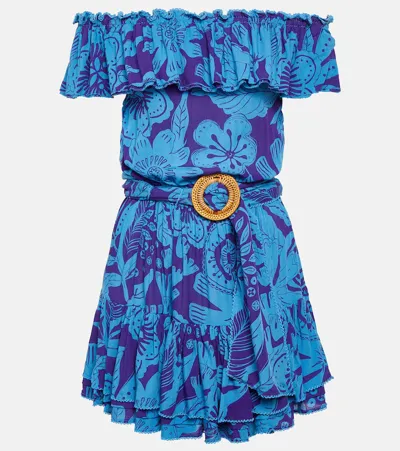 Poupette St Barth Bella Printed Off-shoulder Minidress In Blue Gauguin