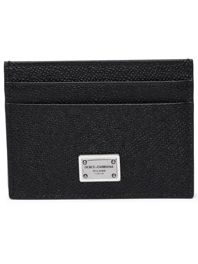 Dolce & Gabbana Leather Card Holder Compact Pebbled Texture In Black