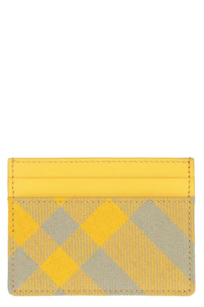 Burberry Leather And Checked Fabric Card Holder In Yellow