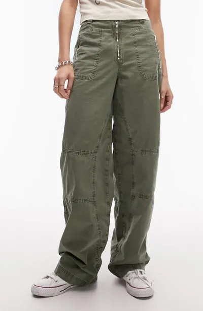 Topshop High Waist Moto Waist Seamed Straight Leg Pants In Khaki-green