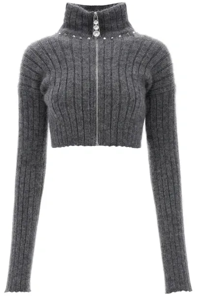 Alessandra Rich Mohair Blend Knit Crop Cardigan In Grey Melange