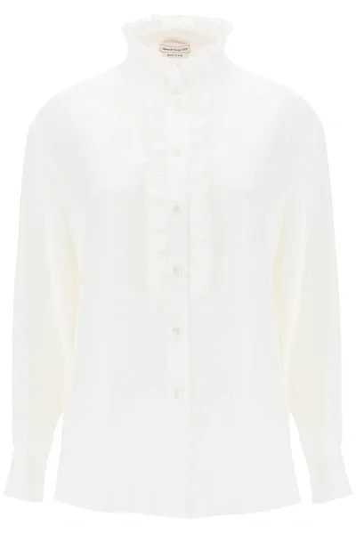 Alexander Mcqueen Silk Satin Shirt With Ruffles In White