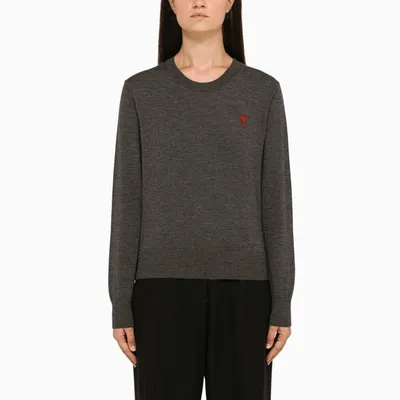 Ami Alexandre Mattiussi Ami Logo Motif Embroidered Crewneck Knit Sweater In Heather Grey