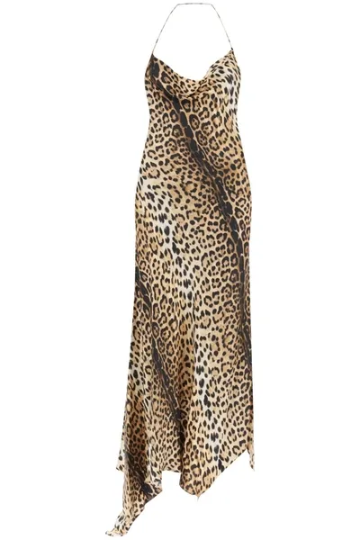 Roberto Cavalli Asymmetric-hem Cowl-neck Silk Dress In Brown