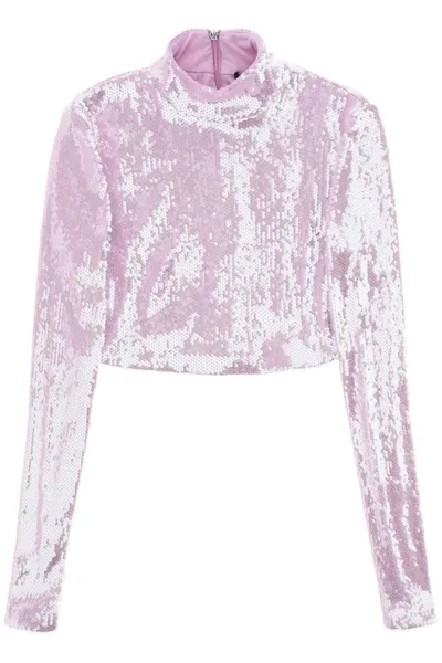 Rotate Birger Christensen Sequin Turtleneck Cropped Top In Purple