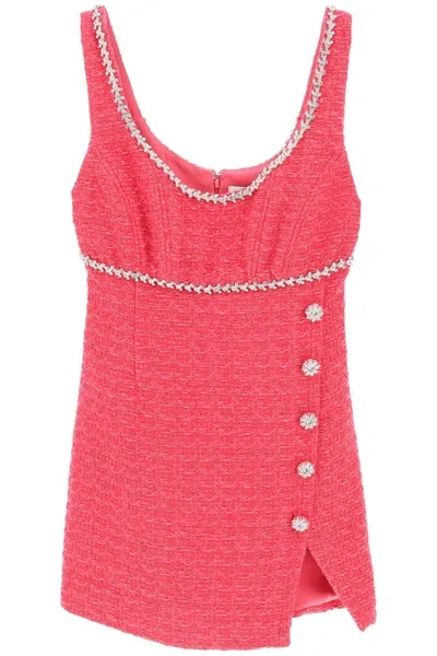 Self-portrait Button-embellished Contrast-trim Woven Mini Dress In Pink