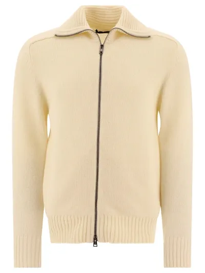 Tagliatore Wool Cardigan With Zip In Beige