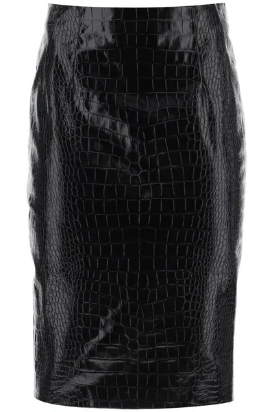 Versace Croco Print Leather Midi Skirt In Black