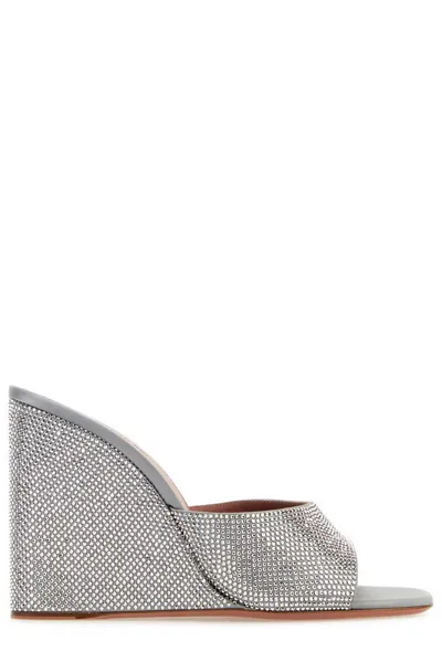 Amina Muaddi Embellished Wedge Mules In Grey