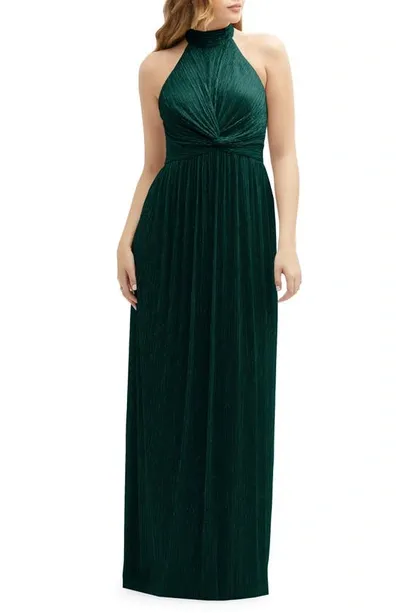 After Six Metallic Pleated Halter Column Gown In Green