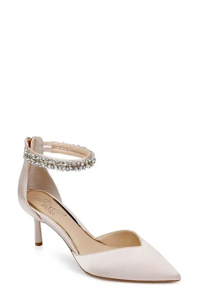 Jewel Badgley Mischka Maya Ankle Strap Pointed Toe Pump In Champagne Satin