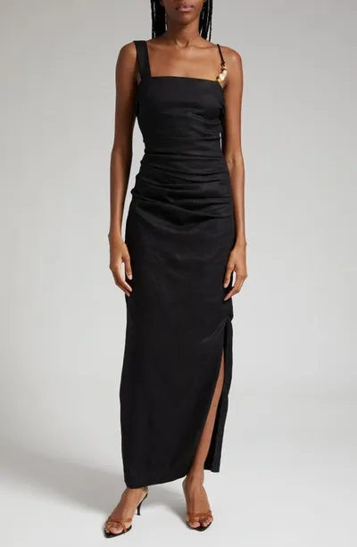 Sir Antonia Beaded Linen Midi Dress In Black