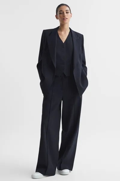 Reiss Navy Wool Blend Wide Leg Pinstripe Trousers