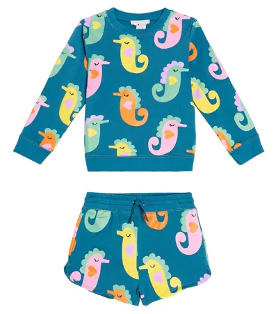 Stella Mccartney Kids' Printed Cotton Fleece Sweatshirt And Shorts Set In Blue